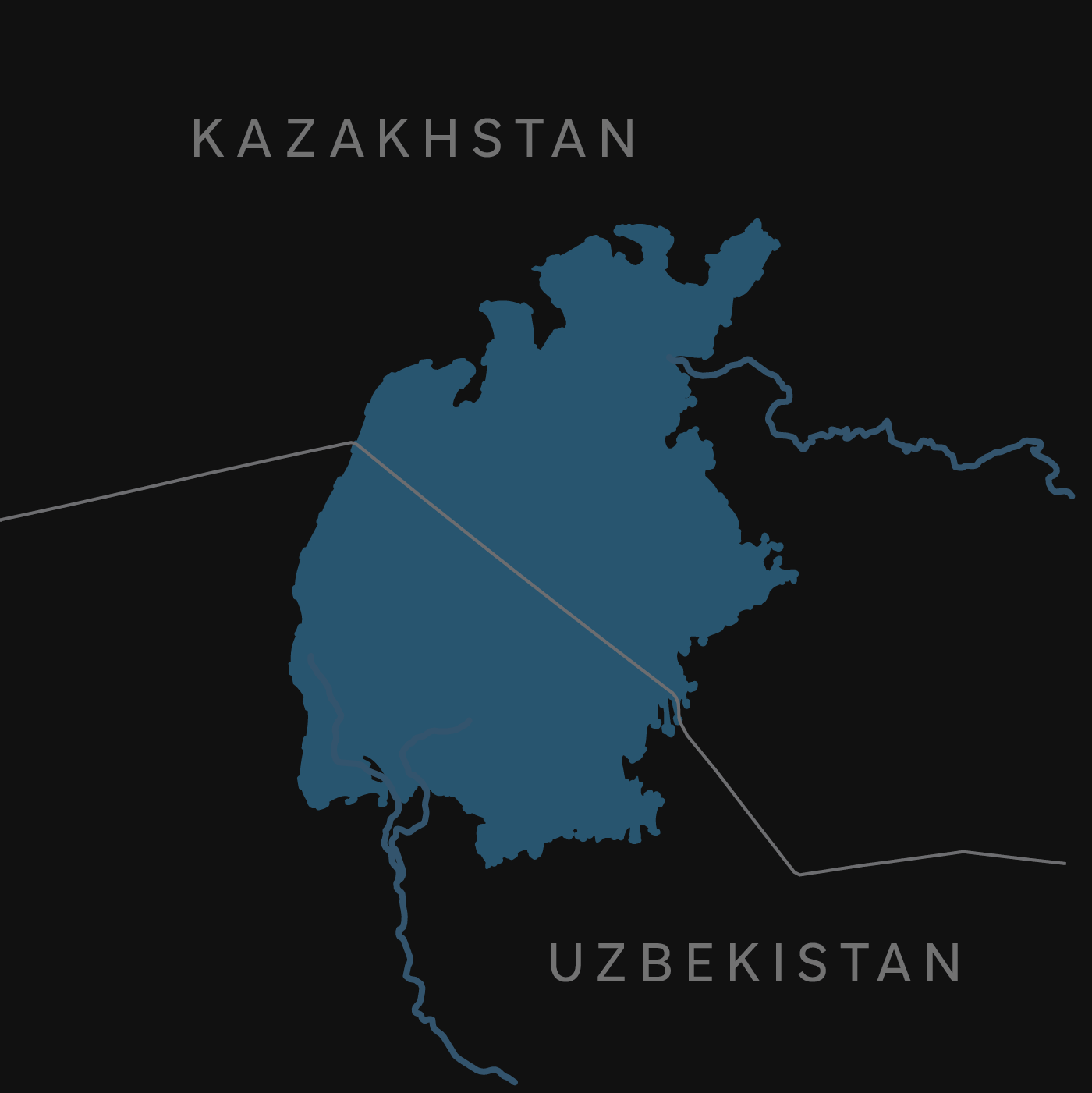 A GIF of the 1960-2023 borders of the Aral Sea, overlaid on the Uzbekistan and Kazakhstan borders.