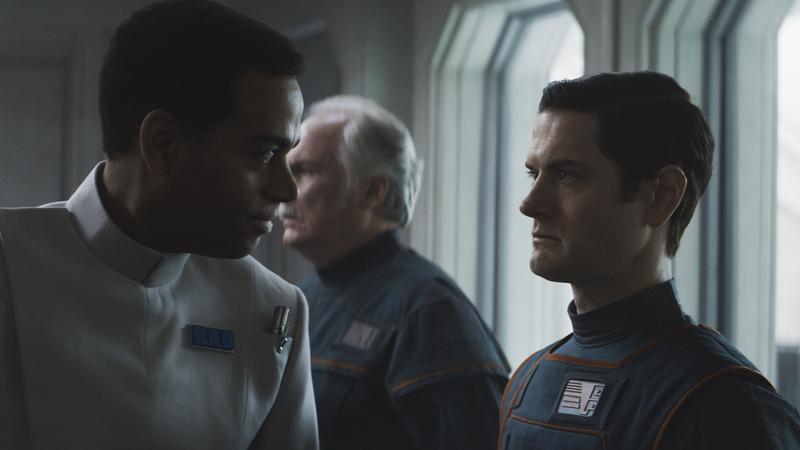 ISB Supervisor Blevin (Ben Bailey Smith), Chief Inspector Hyne (Rupert Vansittart) and Syril Karn (Kyle Soller) in <em>Andor.</em>