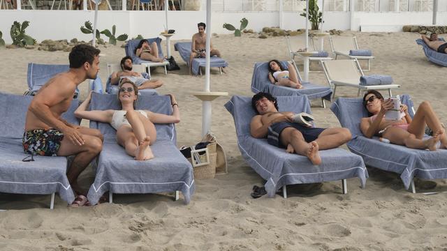 The second season of <em>The White Lotus</em> brings a new location and new guests — including two college buddies and their wives, Theo James and Meghann Fahy (left) as Cameron and Daphne Sullivan and Will Sharpe and Aubrey Plaza as Ethan and Harper Spiller.