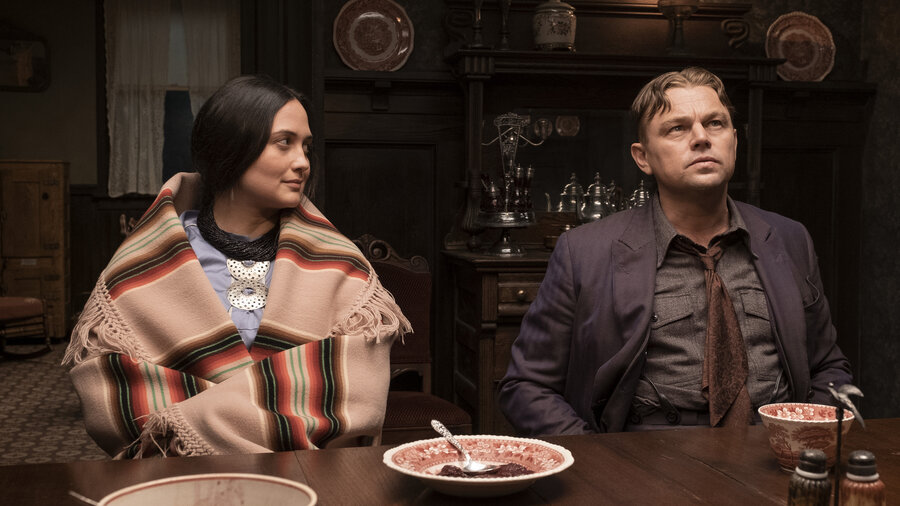 Lily Gladstone and Leonardo DiCaprio in <em>Killers of the Flower Moon</em>