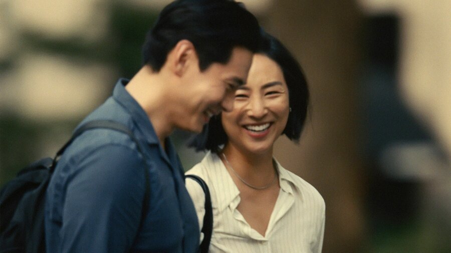 Teo Yoo and Greta Lee in <em>Past Lives</em>
