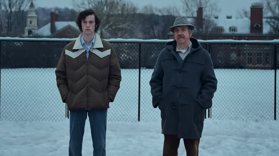 Dominic Sessa and Paul Giamatti in <em>The Holdovers</em>