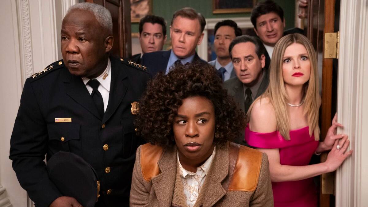 Uzo Aduba, center, stars as detective Cordelia Cupp in Netflix's <em> The Residence.</em>


