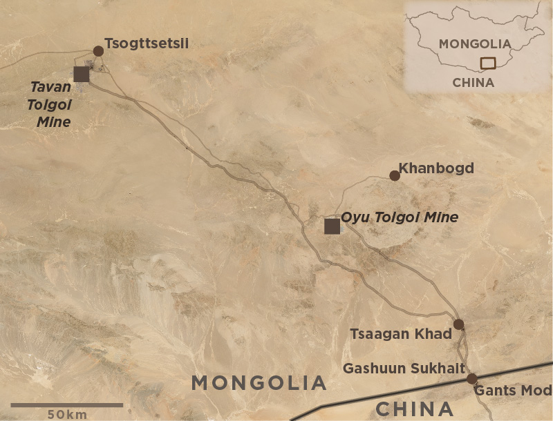 Map showing the coal road from Tavan Tolgoi and Oyu Tolgoi mines to Mongolia's southern border with China.