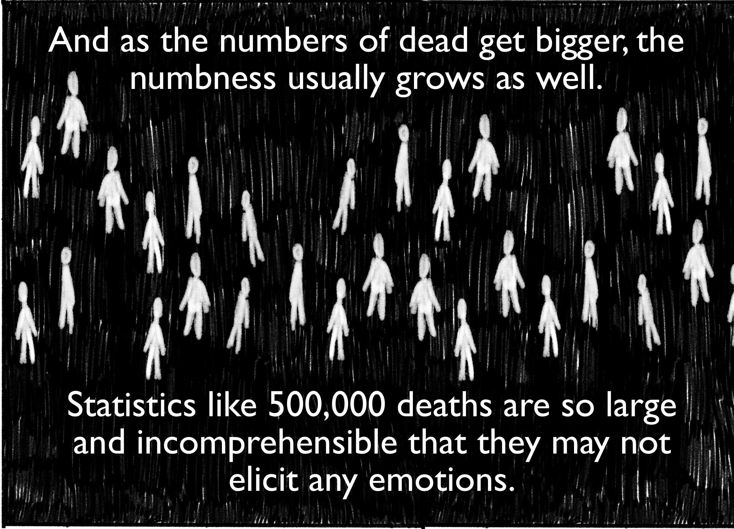 And as the numbers of dead get bigger, the numbness usually grows as well. Statistics like 500,000 deaths are so large and incomprehensible that they may not elicit any emotions. 