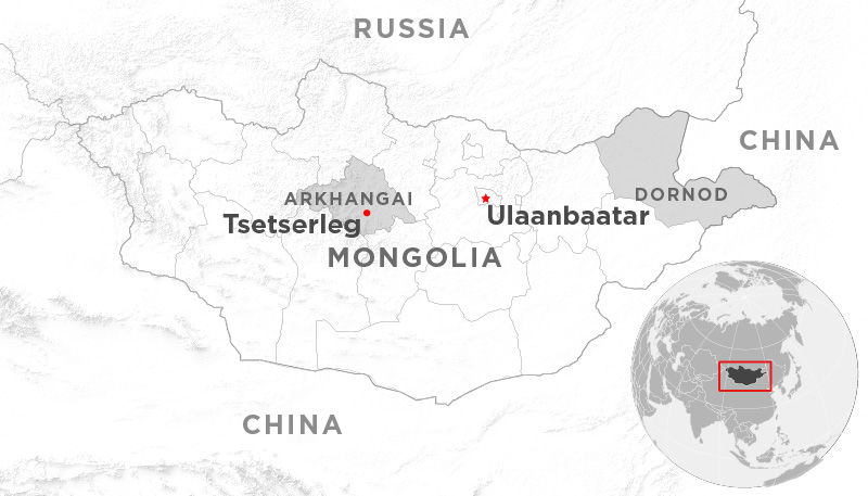 Map showing the Mongolia and its capital, Ulaanbaatar