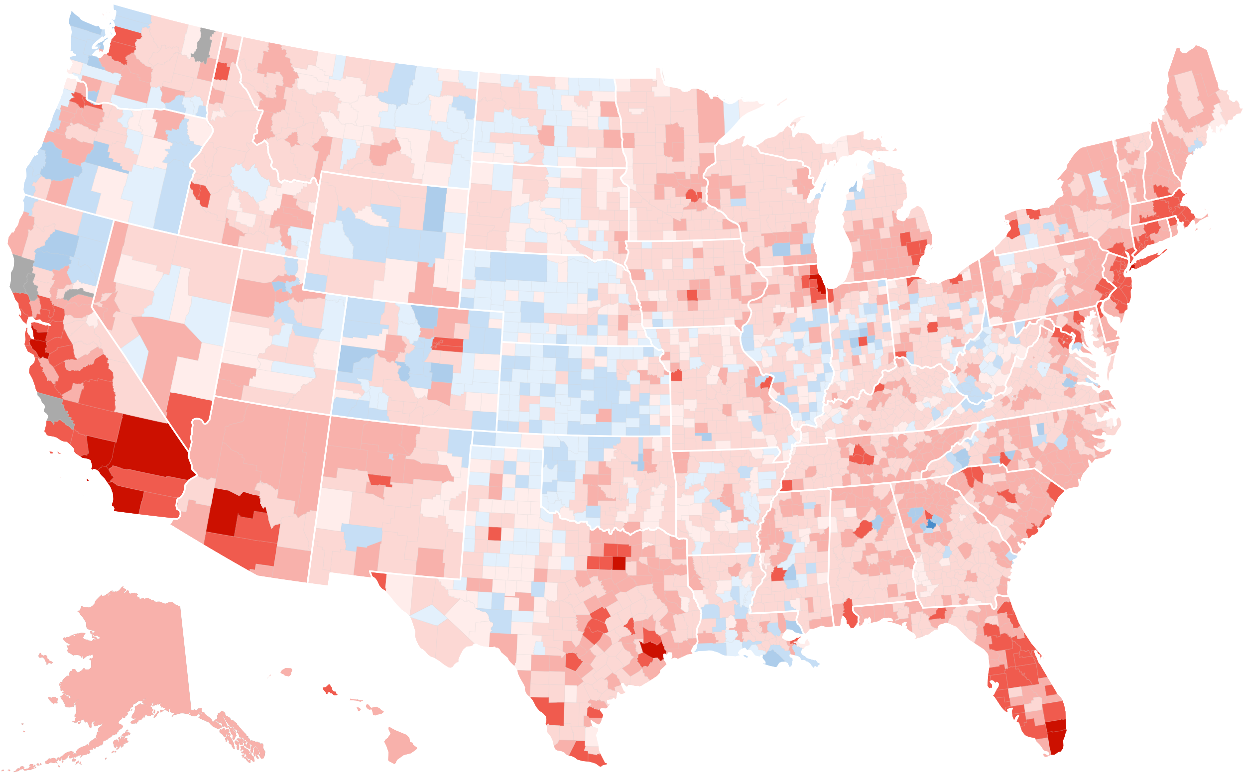 Map of margin of victory in 2020, by US county