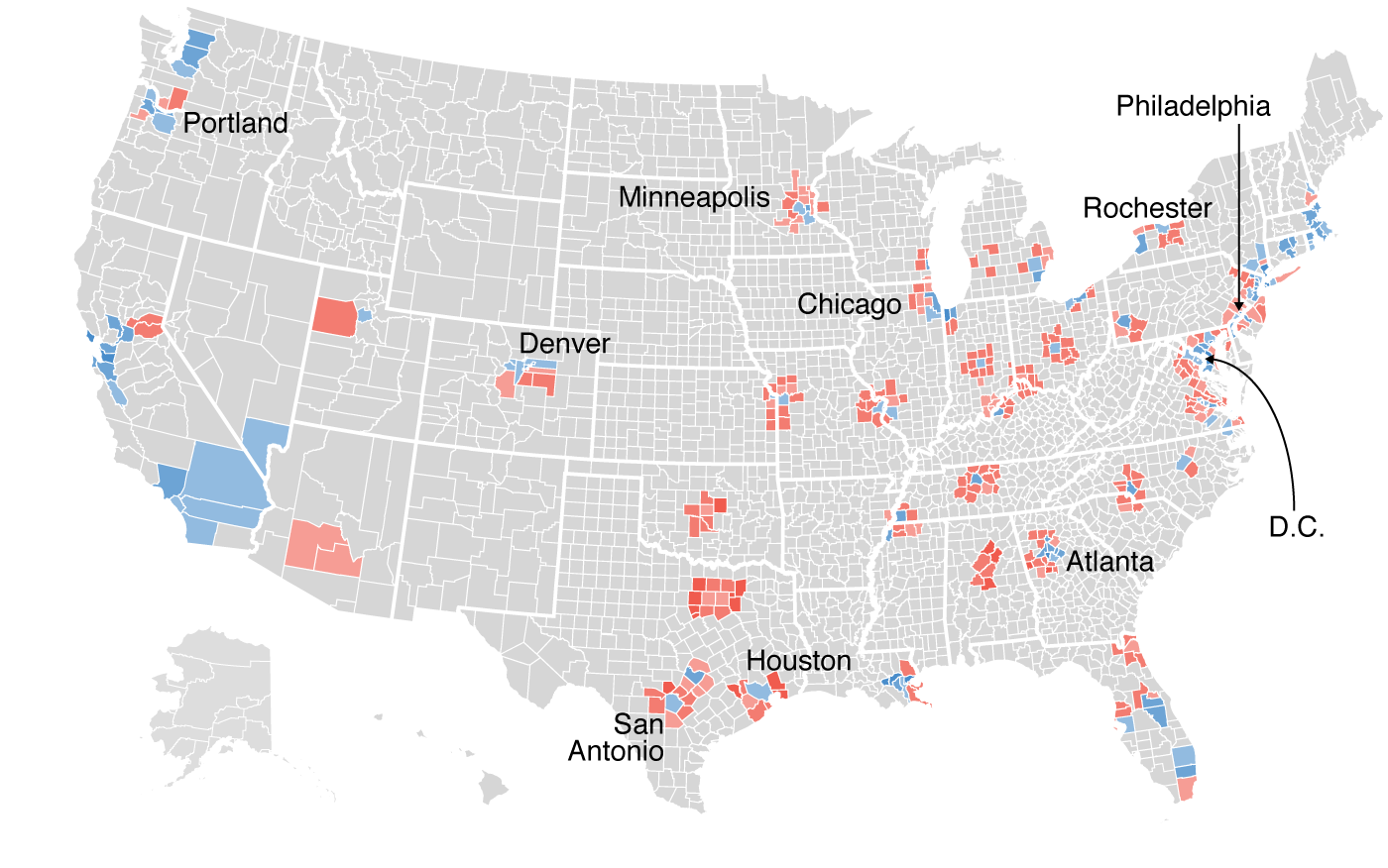 Map of margin of victory in 2016, by US county
