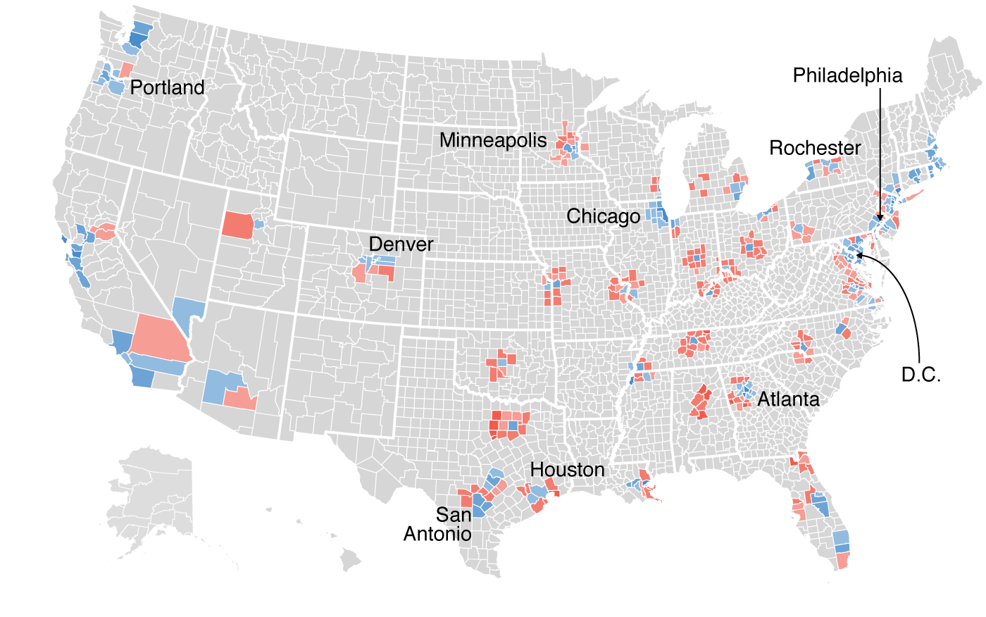 Map of margin of victory in 2018, by US county