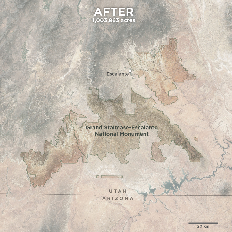 Map showing the extent of Grand-Staircase-Escalante National Monument after its reductions.