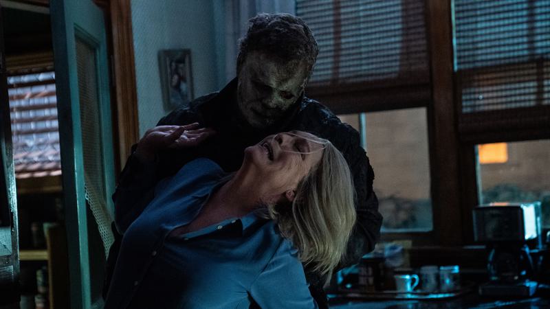 Michael Myers (aka The Shape) and Jamie Lee Curtis as Laurie Strode in <em>Halloween Ends</em>