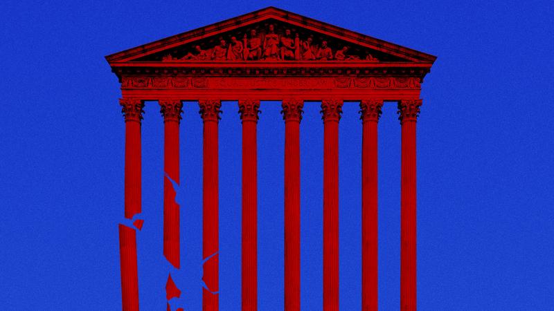 An illustration of the Supreme Court building in red on a blue background.