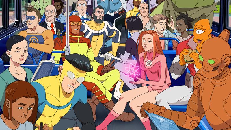 Poster for <em>Invincible</em> shows superheroes on a bus.