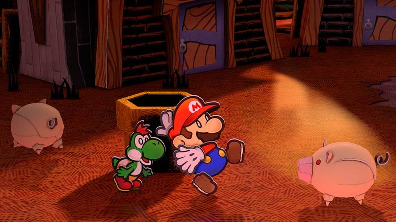 Mario, startled by a villager that was transformed into a pig.