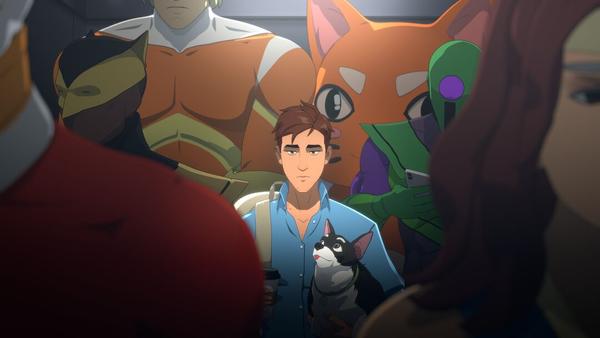 Robert Robertson, played by Breaking Bad's Aaron Paul, surrounded by his colorful new coworkers.