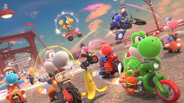 An array of Yoshi racers in Mario Kart World.