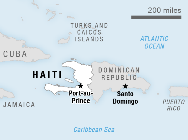 Map showing Haiti in relation to the Dominican Republic, Cuba, Jamaica and Puerto Rico