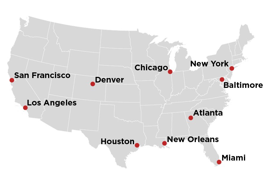 Map showing the 10 cities expecting ICE raids on July 14: San Francisco, Los Angeles, Denver, Houston, Chicago, Atlanta, New Orleans, Miami, Baltimore and New York.