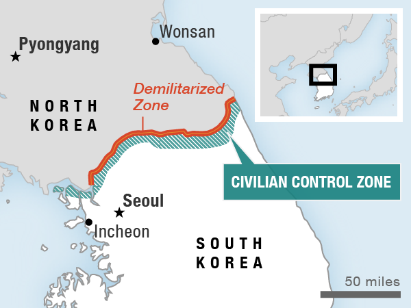 Map showing the North Korea-South Korea border, the Demilitarized Zone (DMZ) and the Civilian Control Zone (CCZ)