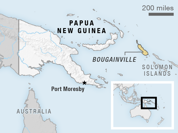 Map showing Papua New Guinea and and Bougainville, located just east of Indonesia and north of Australia