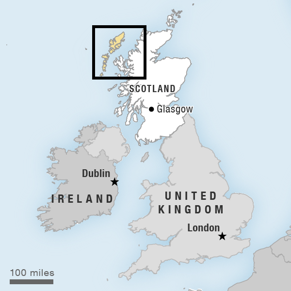 Map showing the United Kingdom, with a box drawn around the Outer Hebrides in Scotland