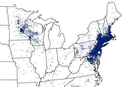 Map of Lyme disease cases in 2001