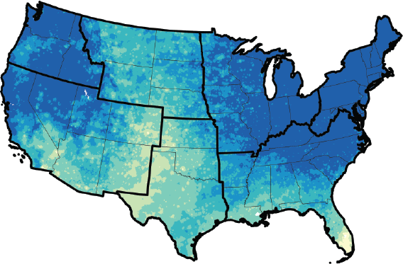 Map showing a 10-30% increase in extreme precipitation through the Plains, Southwest and southern U.S., and a very strong 40% or greater increase in the Pacific Northwest, Northern California, Nevada, the Midwest, the Northeast and the Mid-Atlantic.