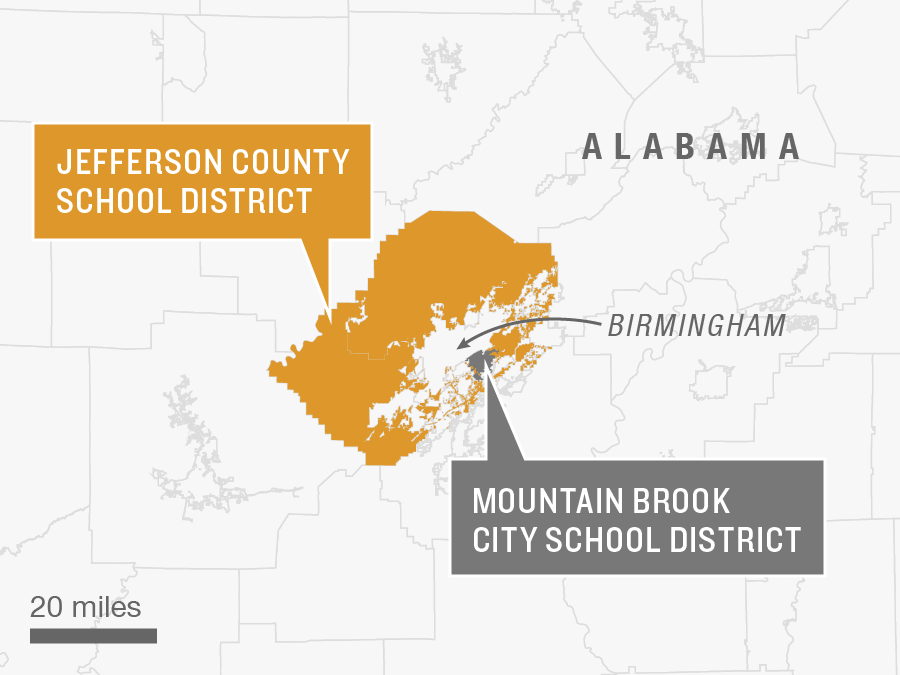 Map showing the two school districts near Birmingham in Alabama