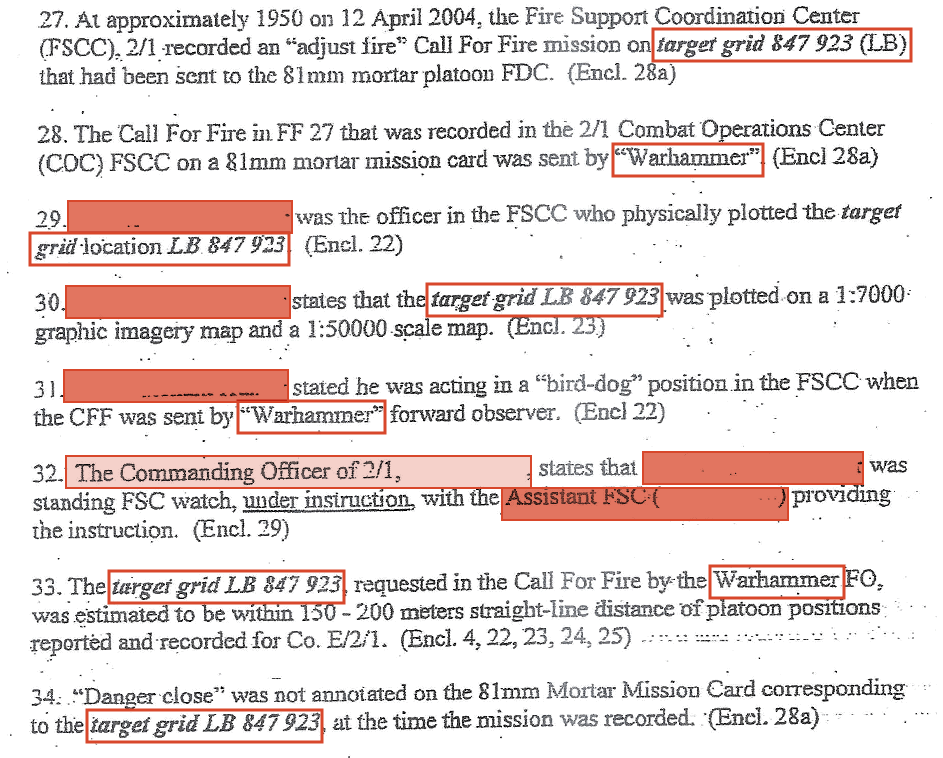 David Costello also received a copy of the JAGMAN in 2007, when Marine officials promised to share it with the men who were seriously wounded in the blast. His version includes the grid coordinates that were redacted from the Zurheide copy, but it doesn't include many of the details about how and why the officers involved were not punished. 