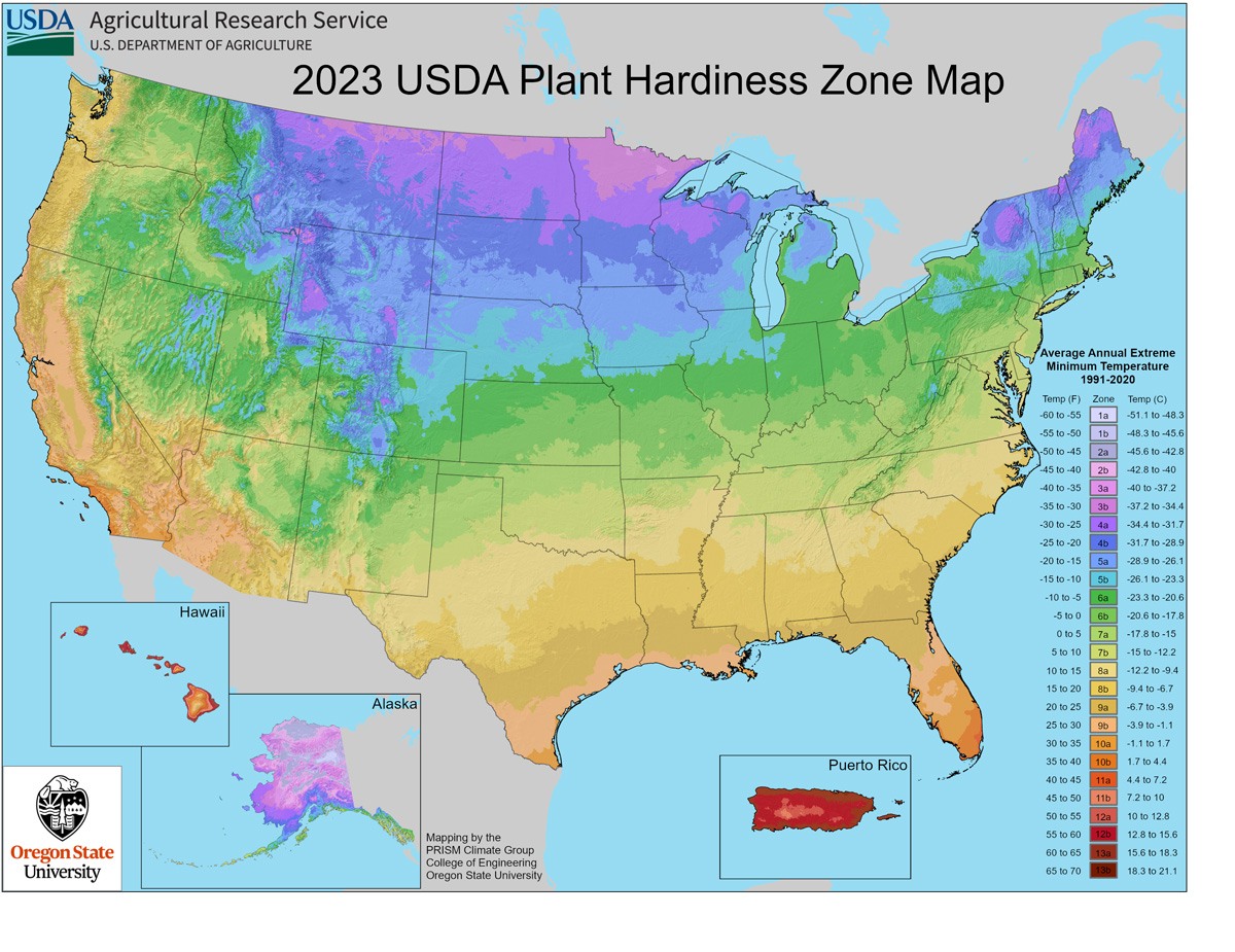 Map of USDA plant hardiness zones from 2023 %>