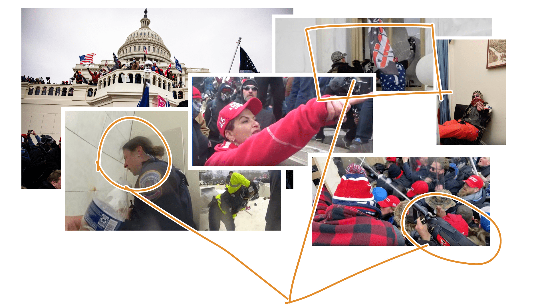 Photo collage of imagery from the day of Jan. 6. Rioters swarm the Capitol; a woman angrily shouts; two men break a window; police officers try to wash chemicals from their eyes; and a man smokes inside the Capitol building.