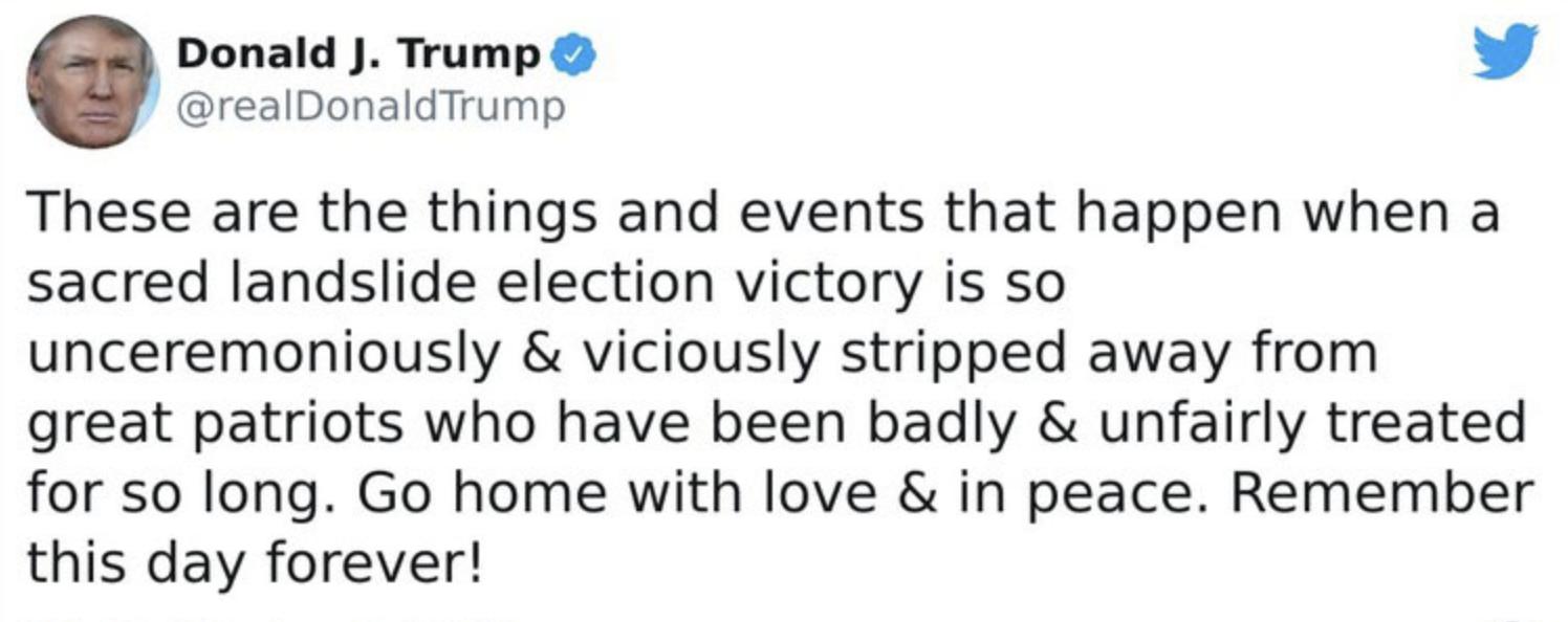 These are the things and events that happen when a sacred landslide election victory is so unceremoniously & viciously stripped away from great patriots who have been badly & unfairly treated for so long. Go home with love & in peace. Remember this day forever!