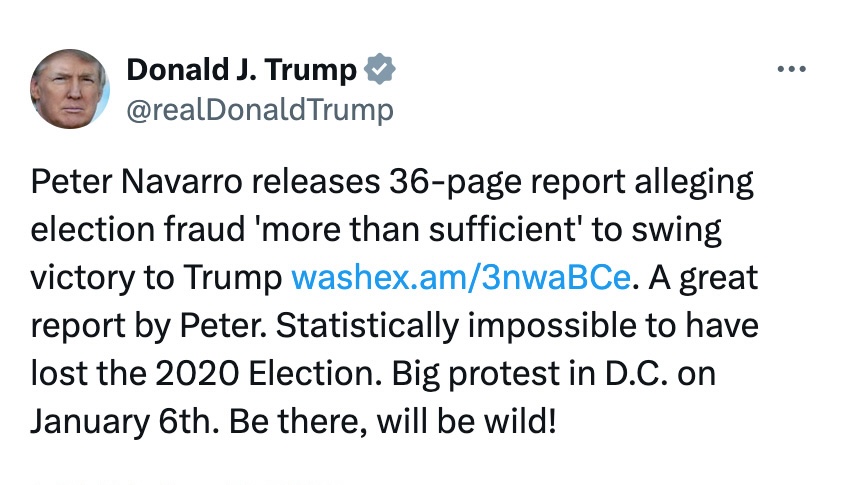 Peter Navarro releases 36-page report alleging election fraud “more than sufficient” to swing victory to Trump https://washex.am/3nwaBCe. A great report by Peter. Statistically impossible to have lost the 2020 Election. Big protest in D.C. on January 6th. Be there, will be wild!