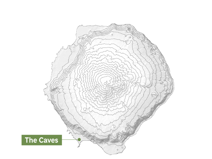 A topographic map of Tristan da Cunha island pointing out the Caves