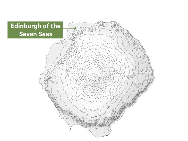 A topographic map of Tristan da Cunha island pointing out Edinburgh of the Seven Seas