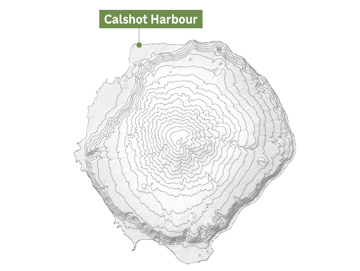 Topographic map of Tristan da Cunha island pointing out Calshot Harbour