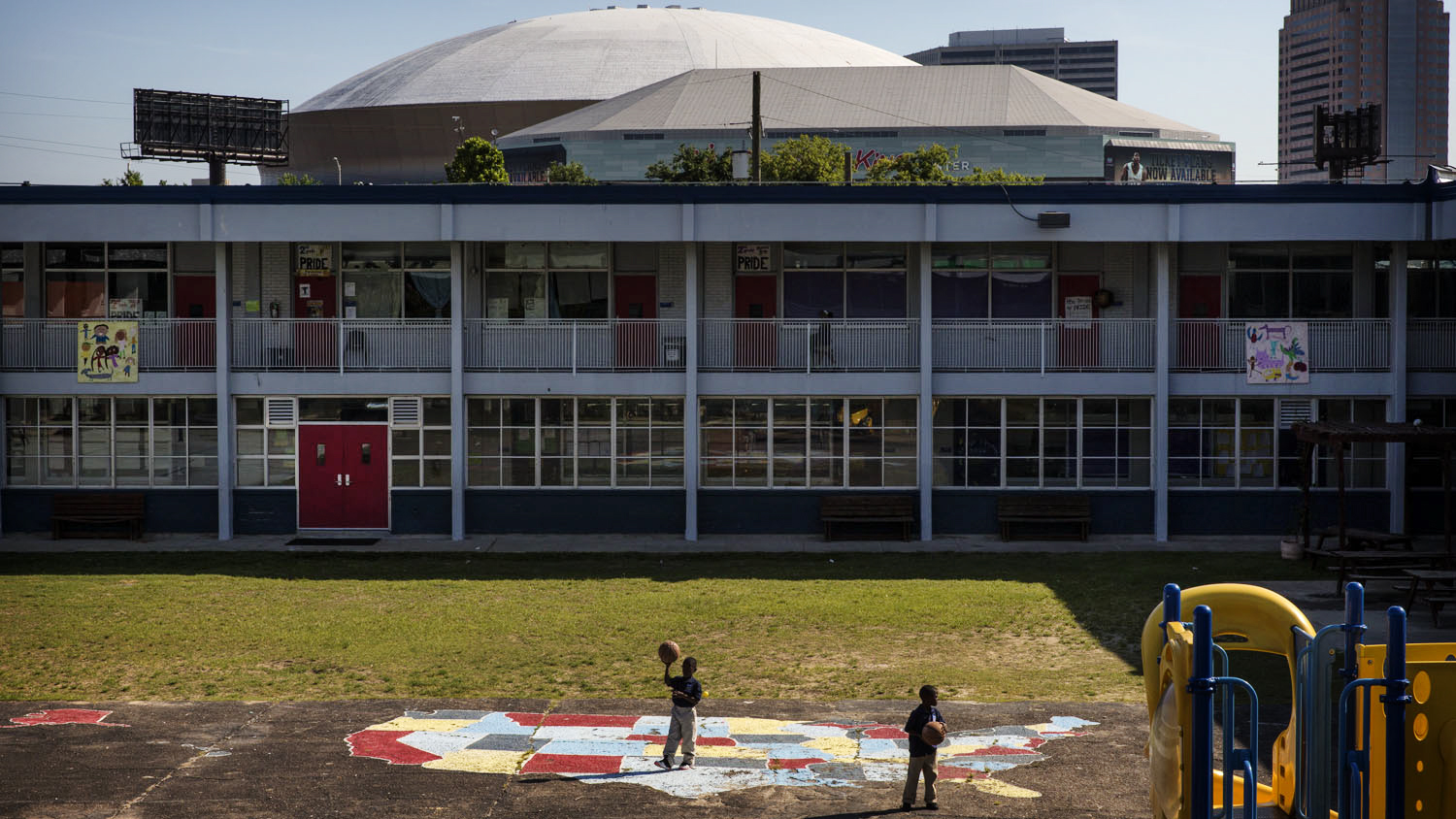 KIPP Central City Primary is housed in the former William J. Guste Elementary School, in a high-poverty neighborhood, with a view of the Superdome and the Central Business District.