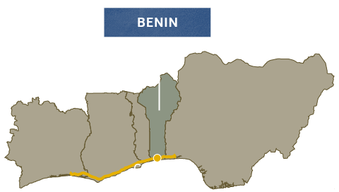 Map labeling Benin and its city of Cotonou, with a route along the coast of neighboring countries.