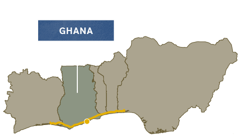 Map labeling Ghana and its city of Accra, with a coastal route across neighboring countries.