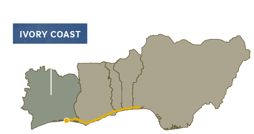 Map labeling Ivory Coast and its city of Abidjan, with a coastal route across neighboring countries.