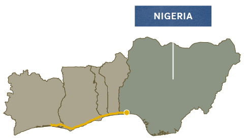 Map labeling Nigeria and its city of Lagos, with a coastal route across neighboring countries.
