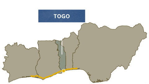 Map labeling Togo and its city of Lomé, with a coastal route across neighboring countries.